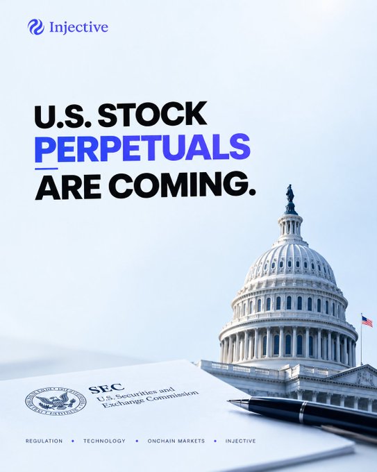 An Injective promotional graphic stating 'U.S. STOCK PERPETUALS ARE COMING' with an image of the U.S. Capitol and an SEC document.