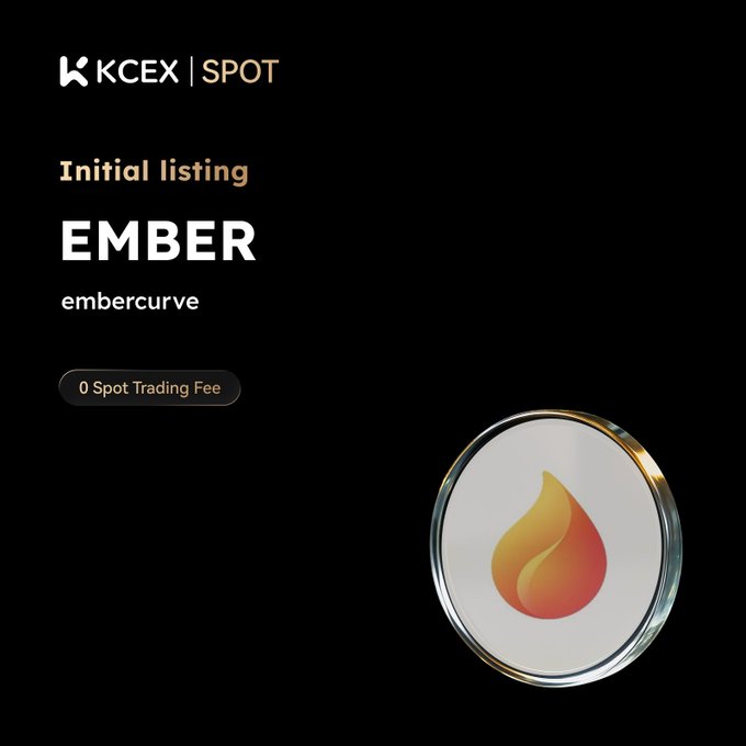 An initial listing announcement for EMBER (embercurve) on KCEX SPOT exchange featuring a flame logo with '0 Spot Trading Fee' promotion displayed on a dark background.