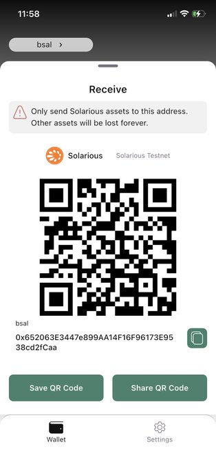 A mobile wallet app screen displaying a 'Receive' page for Solarious Testnet (bsal), featuring a QR code and the wallet address 0x652063E3447e899AA14F16F96173E9538cd2fCaa.