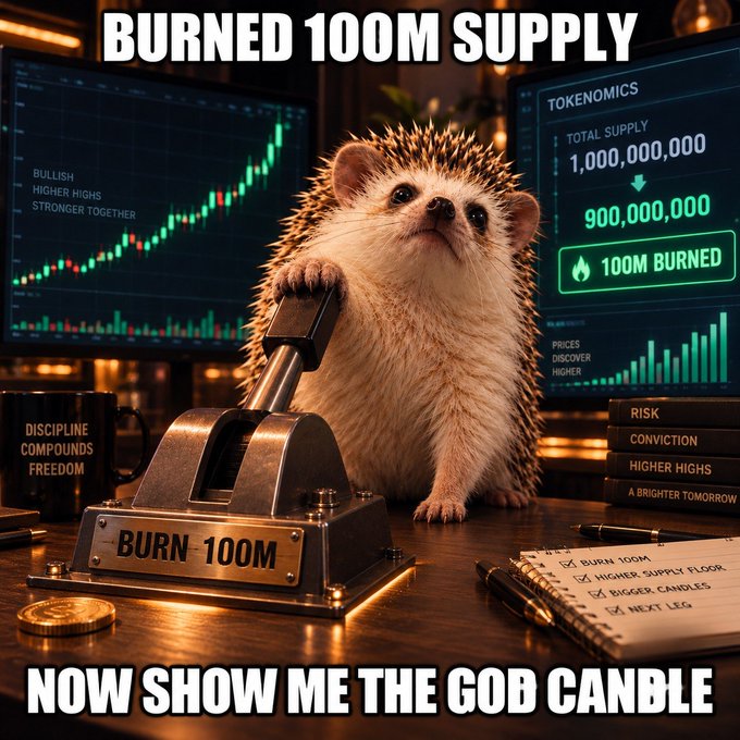 A triumphant hedgehog stands behind a "BURN 100M" stamp alongside charts showing tokenomics reduced from 1,000,000,000 to 900,000,000 supply, with the caption "BURNED 100M SUPPLY / NOW SHOW ME THE GOD CANDLE." The image visually reinforces the $LEVERHEDGE post by illustrating a 100M token burn that reduces supply while maintaining the xBTC hedge, setting the stage for a bullish price surge.