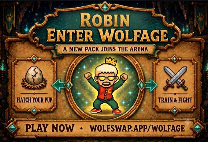 A promotional banner for "Robin Enter Wolfage" announcing a new pack joining the arena, featuring options to "Hatch Your Pup" and "Train & Fight" with a link to play at wolfswap.app/wolfage, highlighting the integration with Obsidian Swap and WolfSwap as noted in the accompanying post.