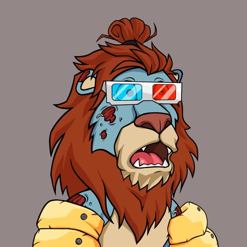 A digital illustration of a zombie lion with blue skin, a thick red mane, and 3D glasses, appearing bloody and disheveled.