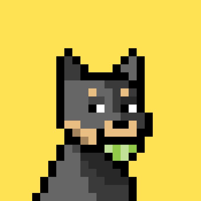 A pixel art illustration of a dark gray dog with an orange bandana against a bright yellow background.
