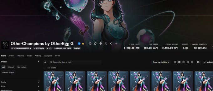 A screenshot of an NFT collection page titled 'OtherChampions by OtherEgg G,' showing floor price data (1,250.00 APE, 333.00 WAPE, 2,169.00 APE, 5.8%, 50/29.2%) and a grid of similar NFT items featuring an anime-style female character.