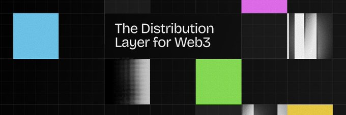 The image displays a graphic titled "The Distribution Layer for Web3" set against a black background with a grid pattern and colorful geometric blocks (cyan, magenta, green, yellow, and grayscale gradient elements) in a modern, tech-inspired design. The minimalist visual branding aligns with the post's message about rethinking contribution metrics beyond traditional engagement metrics like followers and retweets in the Web3 space.