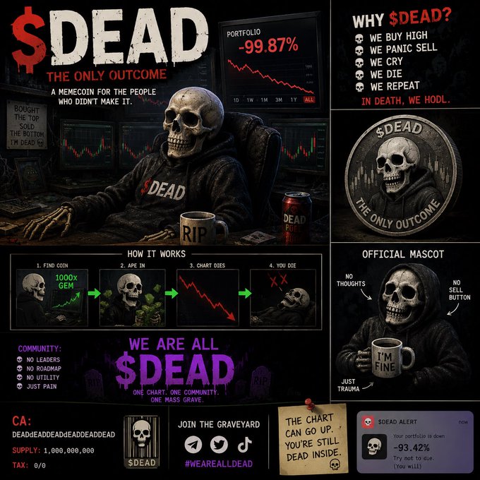 A promotional meme poster for the '$DEAD' memecoin, depicting a skeleton in a hoodie at a computer with a -99.87% portfolio, listing reasons 'WHY $DEAD?' and a 'HOW IT WORKS' 4-step process ending in death.