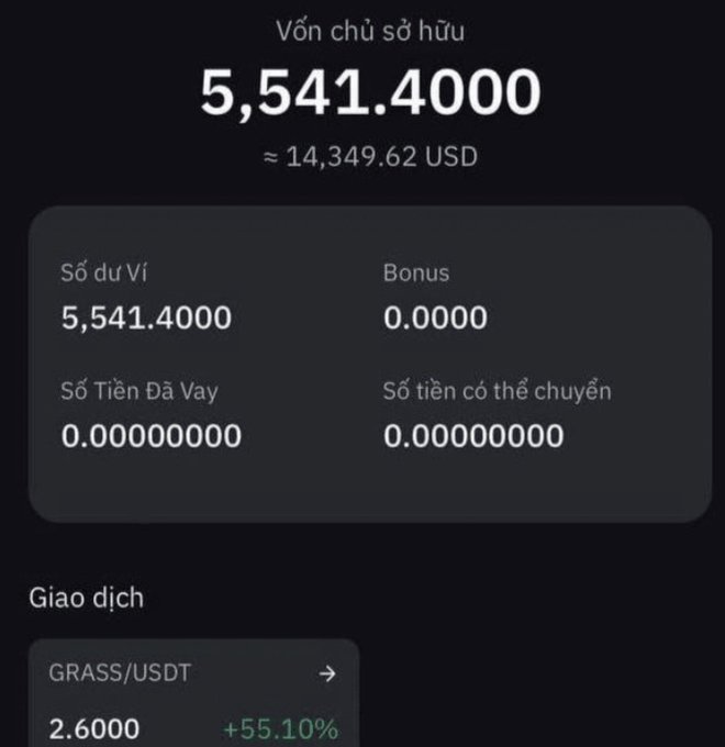 A cryptocurrency portfolio screenshot in Vietnamese showing a balance of '5,541.4000' (approximately 14,349.62 USD), with a transaction in 'GRASS/USDT' at '2.6000' showing a +55.10% gain.