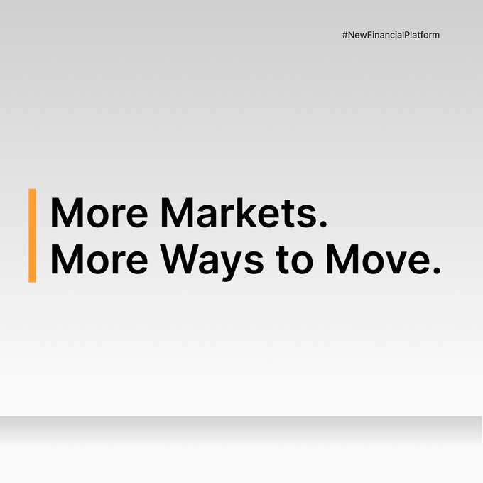 A minimalist promotional graphic featuring the bold text "More Markets. More Ways to Move." next to an orange accent bar, paired with the hashtag "#NewFinancialPlatform" in the top right corner. The design visually reinforces Bybit's call to expand trading horizons and discover expanded market opportunities on their platform.