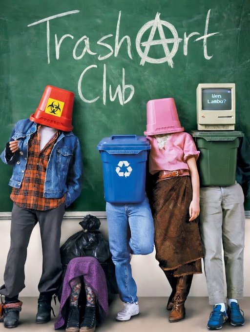 An artistic photo titled 'Trash Art Club' showing four people with trash bins and buckets over their heads standing in front of a green chalkboard, with a retro computer displaying 'Wen Lambo?'.