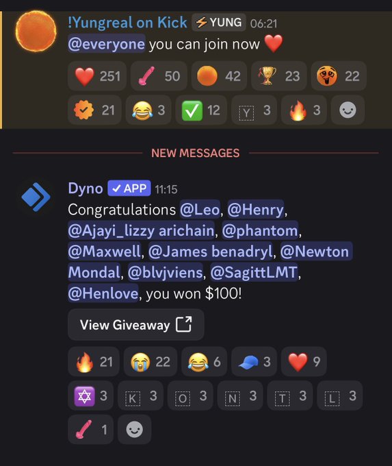 A Discord screenshot shows @Yungreal announcing a Kick stream and Dyno bot confirming a $100 giveaway won by @Leo, @Henry, @Ajayi_lizzy arichain, @phantom, @Maxwell, @James benadryl, @Newton Mondal, @blvjviens, @SagittLMT, and @Henlove, illustrating the previous giveaway referenced in the post promoting the upcoming $1000 SOL giveaway.