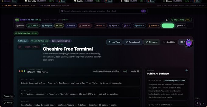 Screenshot of the Cheshire Terminal interface on CLAWD, a public OpenRouter routing terminal displaying model poolside/laguna-s-2.1-free with options for Live Trade, Pump Launch, and Seed Help.