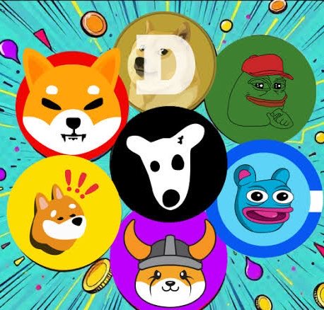 A colorful illustration depicts several dog memes, including Shiba Inus and a Pepe character, arranged in circles around a central black and white dog face with a Dogecoin logo above.