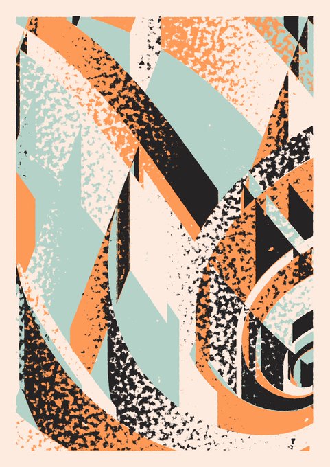 An abstract graphic design featuring overlapping geometric shapes in orange, teal, black, and cream colors with a speckled, grainy texture on a light background.