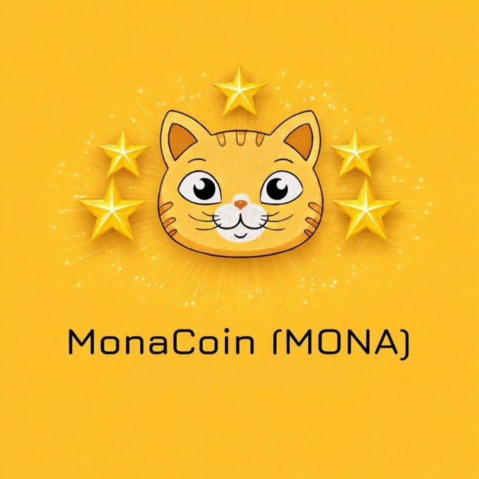 The image features a cartoon cat with yellow eyes, ears, and whiskers, sitting atop a starburst of yellow stars against a yellow background. The text "MONACOIN (MONA)" is written below the cat's face, indicating that this is an advertisement for MonaCoin.