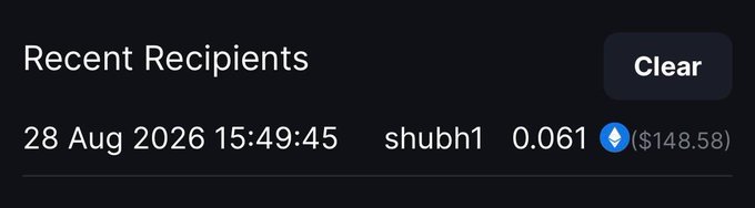 A "Recent Recipients" panel on Metawin displays a transaction from "shubh1" dated 28 Aug 2026 15:49:45 for 0.061 ETH ($148.58), corresponding to the $150 loading mentioned in the post.