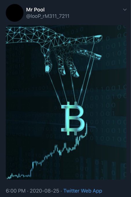 A tweet from Mr. Pool (@looP_rM311_7211) posted on August 25, 2020, showing a wireframe hand controlling a Bitcoin (₿) logo like a puppet, set against a background of binary code and a rising price chart. The imagery visually reinforces the post's theory that Bitcoin is being manipulated as a "puppet," tying the death of "Dolly" to a symbolic death of BTC.