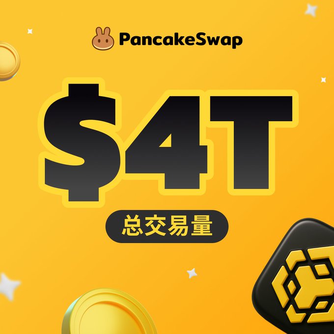 A PancakeSwap promotional graphic celebrating $4T (总交易量 - total trading volume) with the PancakeSwap bunny logo and cryptocurrency-themed illustrations.