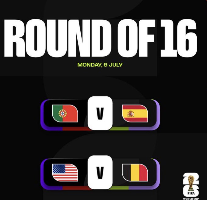 FIFA World Cup Round of 16 graphic for Monday, 6 July, showing two matchups: Portugal vs. Spain and United States vs. Belgium, representing the games referenced in the post's predictions.