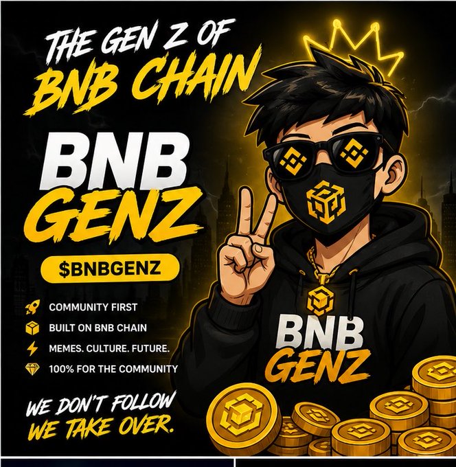 A promotional graphic titled 'THE GEN Z OF BNB CHAIN - BNB GENZ' features an anime-style character wearing a crown, sunglasses, and a mask, alongside text reading '$BNBGENZ' and 'WE DON'T FOLLOW WE TAKE OVER.'