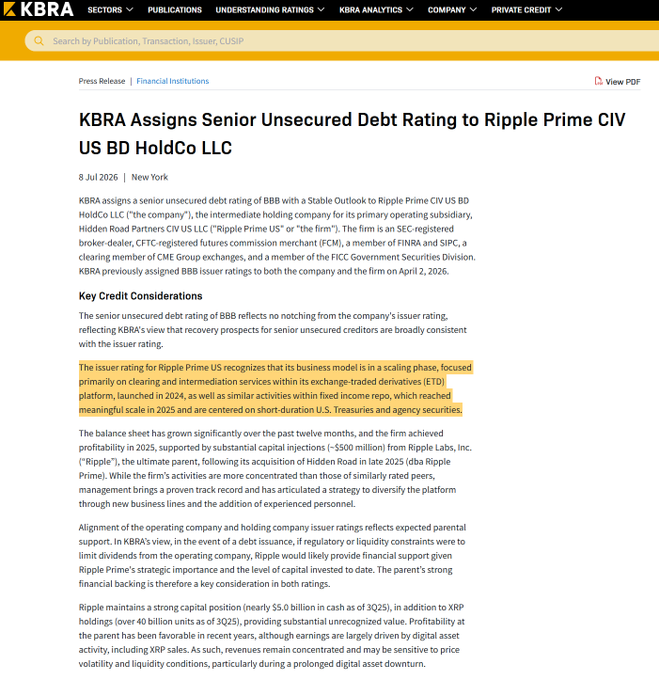 The image shows a KBRA press release from July 8, 2026, announcing a senior unsecured debt rating of BBB with a Stable Outlook for Ripple Prime CIV US BD HoldCo LLC, with the highlighted section emphasizing the issuer rating recognizes Ripple Prime US's scaling business model focused on clearing and intermediation services within its exchange-traded derivatives (ETD) platform launched in 2024.