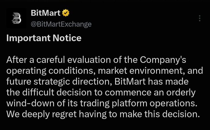 An official announcement from BitMart (@BitMartExchange) titled "Important Notice" stating that the company has made the difficult decision to commence an orderly wind-down of its trading platform operations after careful evaluation.