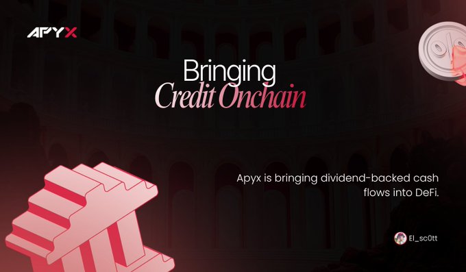 Promotional graphic for Apyx reading 'Bringing Credit Onchain' with the tagline 'Apyx is bringing dividend-backed cash flows into DeFi,' featuring a classical building silhouette and classical column imagery.