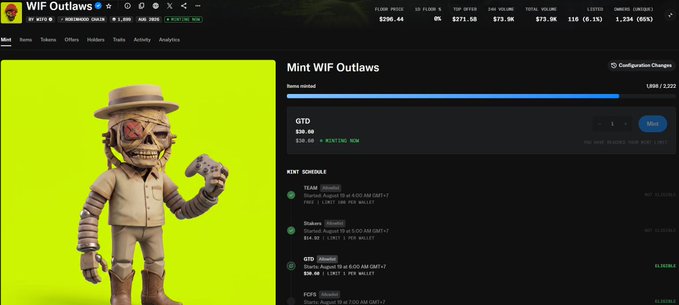 A cryptocurrency website screenshot displays a 3D skeleton cowboy NFT character for 'Mint WIF Outlaws' at '2,222' mint, with a price of '$290.44' GTO and wallet connection interface.