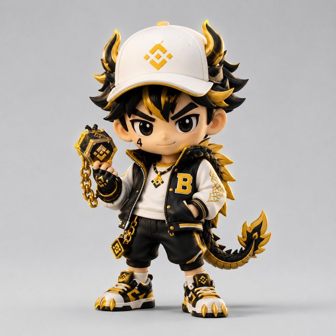 The image features a figurine of a boy wearing a white hat with gold accents and a black jacket, standing against a gray background. He has a chain around his neck and is holding a golden keychain. The figurine also wears a pair of shoes that match the color scheme of the outfit. In the accompanying post, there are descriptions related to the figurine's actions or appearance in relation to the given prompt.