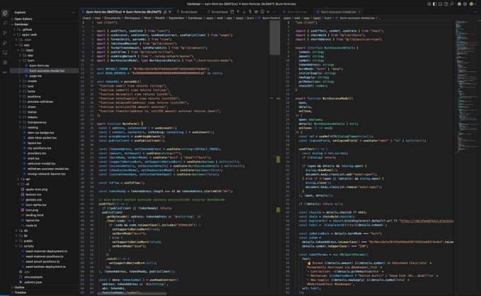 A screenshot of a code editor displaying TypeScript and JSX source code for a BurnForm.io application, showing files like `burn-form.tsx` and `burn-form.docz.tsx`.