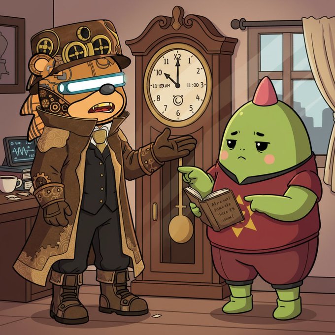 Cartoon illustration of a steampunk bear in a top hat and coat standing next to a green creature holding a book, with a grandfather clock showing 11:00 AM in the background.