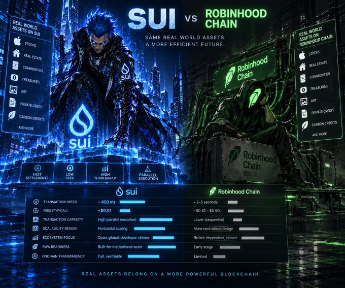 A detailed comparison infographic titled "SUI vs ROBINHOOD CHAIN" highlighting differences in transaction speed, fees, scalability, and ecosystem focus between the two blockchains.