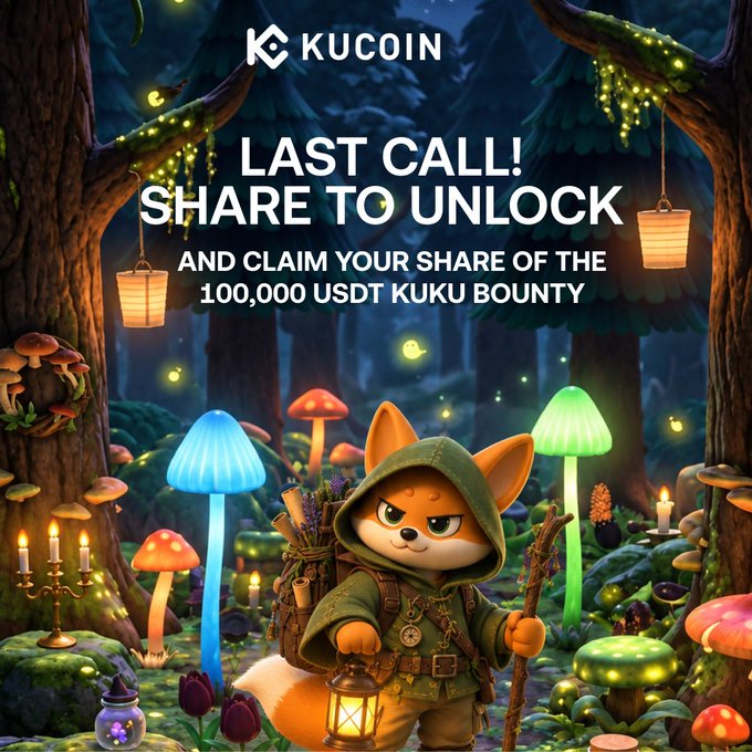 A promotional KuCoin image featuring the "KuKu" fox mascot in a green hooded explorer's outfit with a lantern and walking staff, set in a magical forest with glowing mushrooms. The text announces "LAST CALL! SHARE TO UNLOCK AND CLAIM YOUR SHARE OF THE 100,000 USDT KUKU BOUNTY," tying into the post's countdown theme of the KuKu Universe bounty expedition nearing its end.