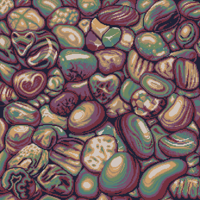 A pixel art pattern of colorful, rounded stones or pebbles rendered in shades of brown, green, teal, and cream against a dark background.