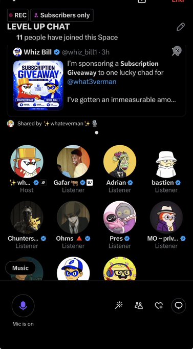 The image shows a Twitter/X "Level Up Chat" Space hosted by @whiz_bill1 with 11 participants, featuring a subscription giveaway sponsored by Whiz Bill for @what3verman, visible with attendees including Whiz (Host), Gafar, Adrian, basten, Chunters, Ohms, Pres, and MO. The post humorously notes the host momentarily thought @blknoiz06 had joined, only to be misled, expressing bullish sentiment on $ANSEM.