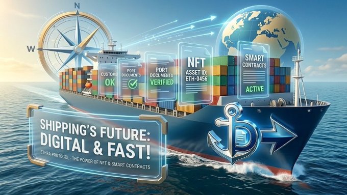 A conceptual digital illustration of a cargo ship with overlay graphics depicting blockchain technology, titled 'SHIPPING'S FUTURE: DIGITAL & FAST!' showing NFTs and smart contracts in shipping logistics.