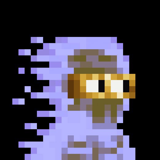 A pixel art image of a small character with a purple hood, brown scarf covering the lower face, and wide white eyes against a black background.