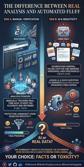 The infographic contrasts "Side A: Manual Verification" — featuring data miners, real-time dashboards, and analysis pioneers tracking accurate blockchain facts — with "Side B: AI & Negativity," depicted as a toxic robot that aggregates online hate and generates misleading conclusions. It emphasizes the need to choose "Facts or Toxicity?" and includes hashtags like #PINetwork, #PINode, #Cryptocurrency, and #BlockchainUpgrade. The visual supports the post's message by illustrating how real-time, manual data verification by pioneers stands in stark contrast to automated negativity that stalls progress with insults and misinformation.