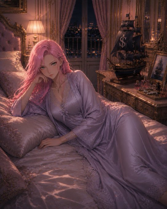 An anime-style illustration of a pink-haired woman in a purple silk robe reclining on a bed in an ornate room with a pirate ship model.
