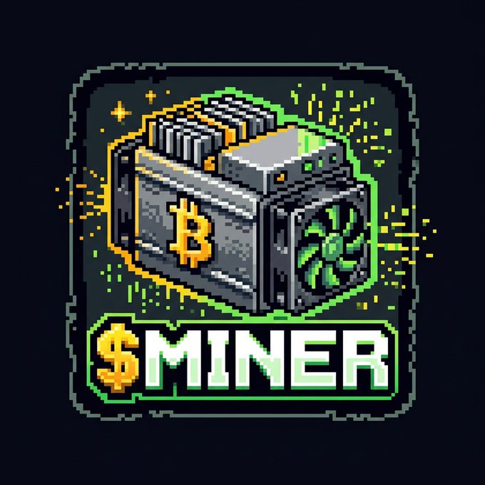 The image features pixel art of a computer mining rig with a Bitcoin logo on its side and a glowing green fan, with "$MINER" displayed in bold text below it on a dark background with neon green accents. This aligns with the post's promotion of a meme token called "$MINER," using the Bitcoin mining visual to reinforce the crypto mining theme while the announcement teases the token's upcoming launch and warns against scam contracts.