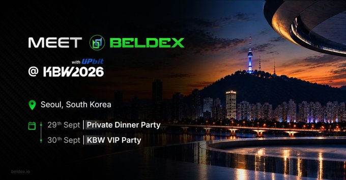 Promotional banner reading 'MEET BELDEX with UPbit @ KBW2026' advertising events in Seoul, South Korea on 29th Sept (Private Dinner Party) and 30th Sept (KBW VIP Party), set against a Seoul skyline at night.