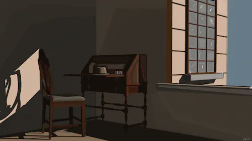 A digital illustration depicts a moody interior scene featuring a wooden desk and chair bathed in warm sunlight, casting long geometric shadows near a window.