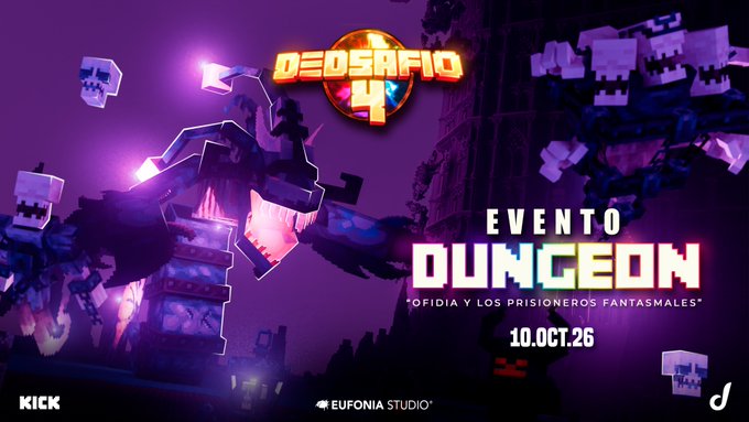 A vibrant purple promotional banner for "DedSafio 4 - Evento Dungeon: Ofidia y los Prisioneros Fasmales" on October 10, 2026, featuring ghostly Minecraft-style skulls and blocky figures amid glowing neon lights. The eerie dungeon imagery complements the post's warning about players needing to resist Ofidia's deadly songs, where death means no revival.