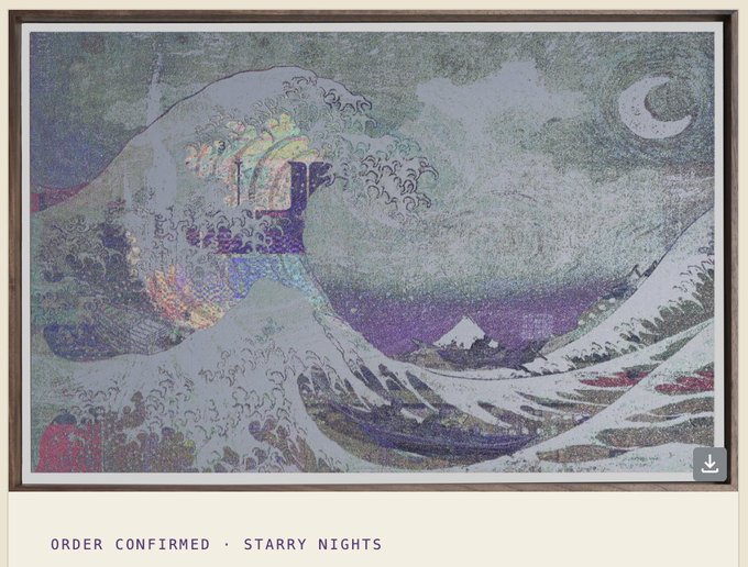 A framed holographic print recreating Hokusai's 'The Great Wave off Kanagawa' with iridescent colors, labeled 'ORDER CONFIRMED · STARRY NIGHTS' below.
