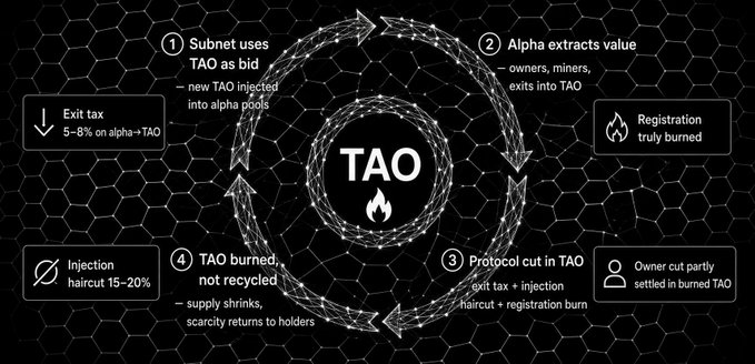 An infographic explaining the TAO cryptocurrency tokenomics cycle, showing four stages: subnet uses TAO as bid, Alpha extracts value, protocol cut in TAO, and TAO burned/not recycled, with details on exit tax, injection haircut, and registration burn.