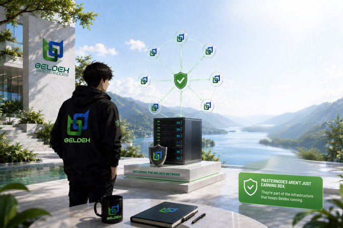 A promotional image for 'Beldex Master Nodes' showing a person in a Beldex hoodie standing before a network visualization and server rack, with the text 'MasterNodes aren't just earning box. They're part of the infrastructure that keeps Beldex running.'