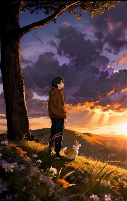 A young person in a brown hoodie stands on a flower-dotted hillside with a small corgi beside them, watching the sun break through dramatic purple clouds at dawn. The image's hopeful sunrise pairs with the post's message about building a new, community-driven Web3 ecosystem with FIHS_USD1 on Solana, evoking the dawn of a fresh, participatory future.