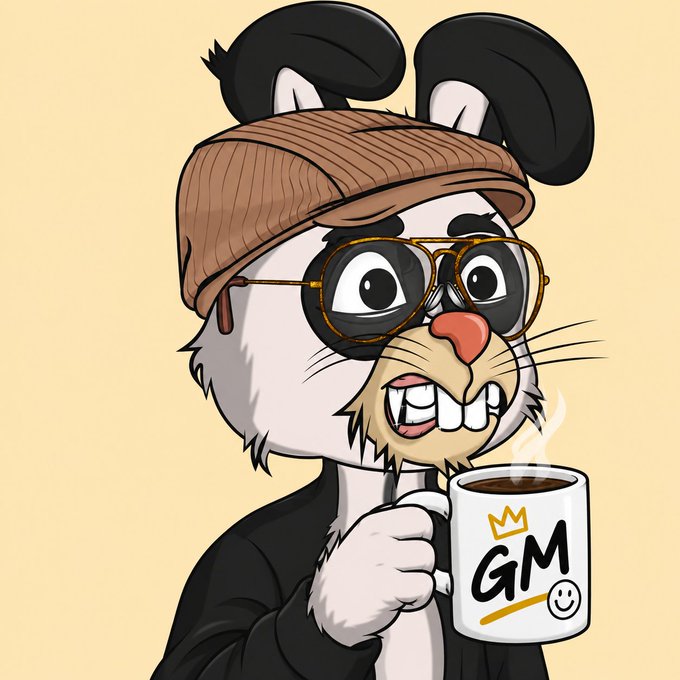 A cartoon illustration depicts a stylized anthropomorphic character with ram-like horns, wearing a brown beanie, round glasses, and holding a steaming mug labeled 'GM' with a smiley face.