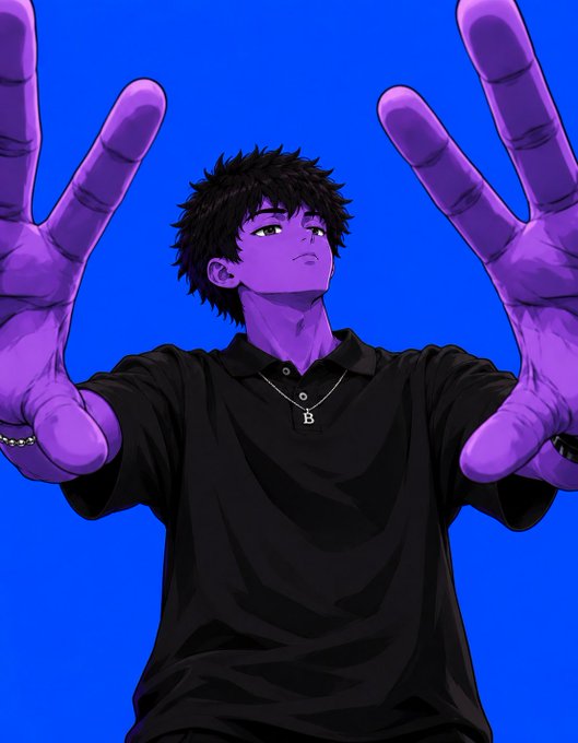 Anime-style illustration of a purple-skinned character with spiky black hair wearing a black polo shirt and a 'B' pendant necklace, holding both hands up toward the viewer against a bright blue background.