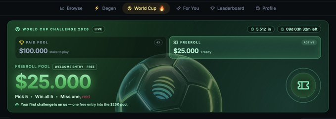 The image shows a page with a green background displaying information about a world cup competition. The message reads "You can now compete for $25,000 for FREE on Jupiter. Love these World Cup vibes". It provides details of the game, including that players must predict 5 matches and if they're correct, they can win $25,000 in prize money, whereas if they miss at least one match, it's over. The player with the most accurate predictions wins a cash prize of $25,000.