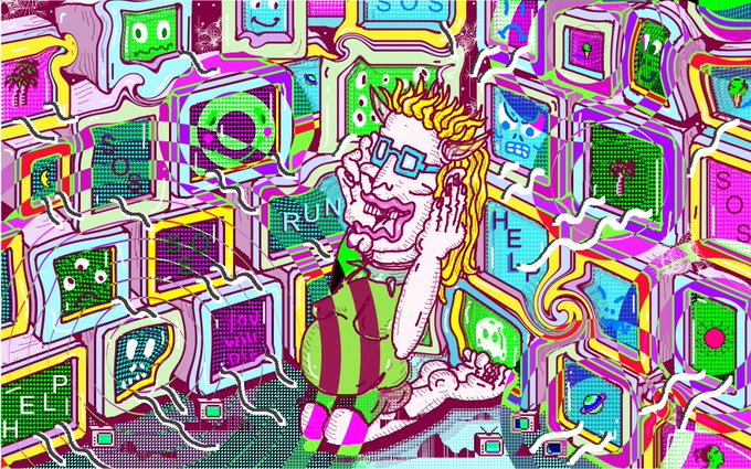 A vibrant, psychedelic illustration of a spiky-haired character surrounded by colorful, abstract shapes and monitors.